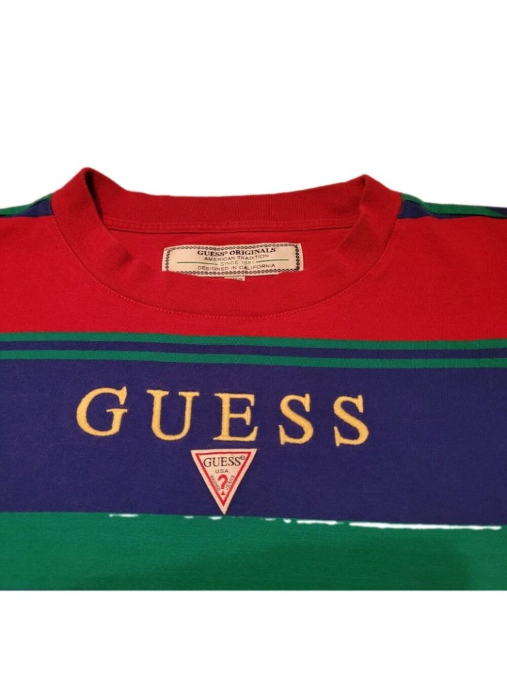 GUESS Originals Striped T-Shirt Men's Medium Red Green Blue American Tradition - Picture 2 of 10